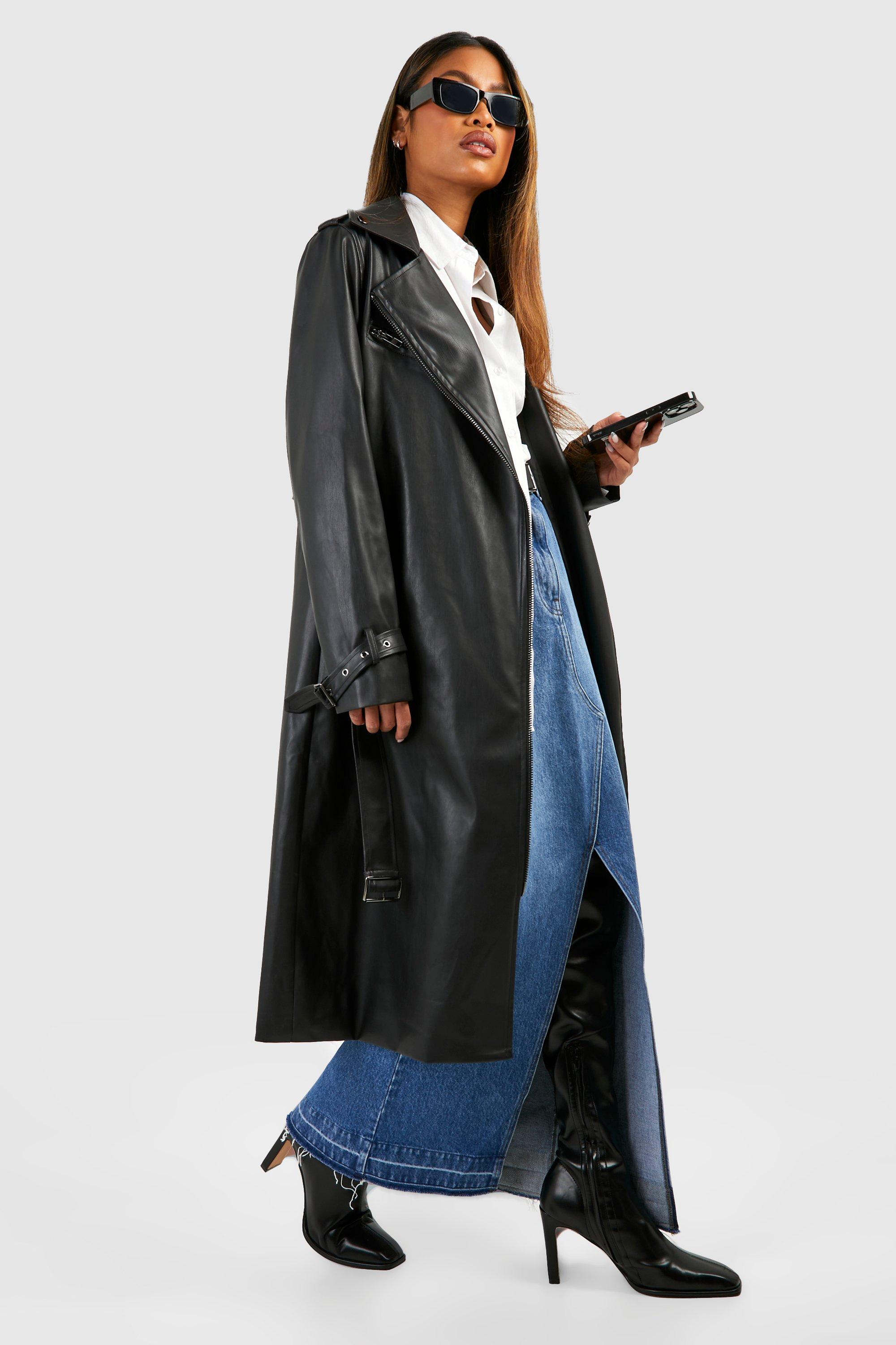 Oversized Faux Leather Belted Trench Coat | boohoo