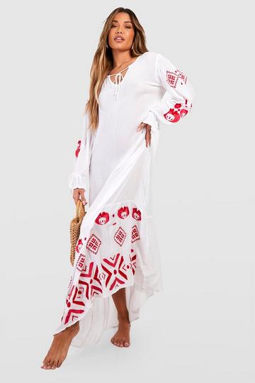 Plunge Front Embroidered Beach Maxi Dress white