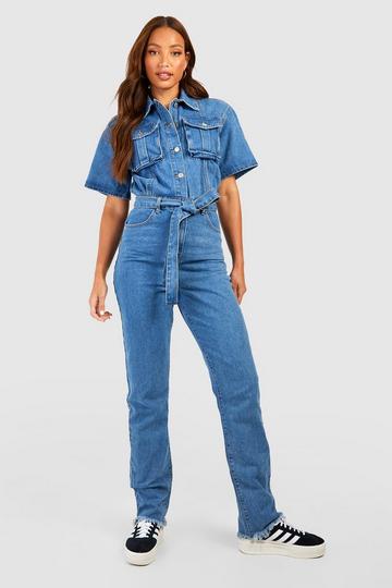 Tall Shortsleeve Belted Tapered Cargo Denim Jumpsuit mid wash