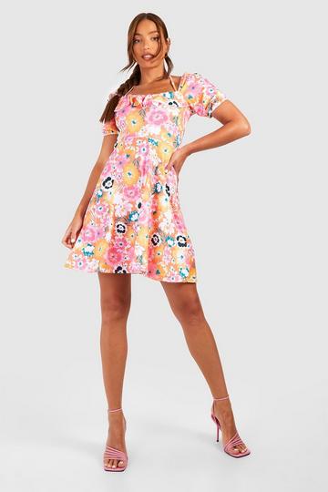 Pink Tall Bright Floral Ruffle Skater Dress