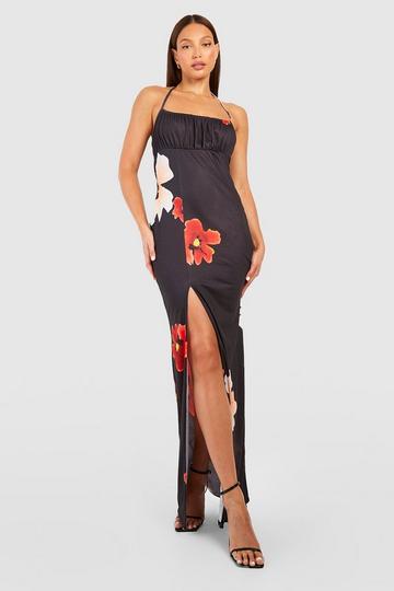 Tall Ditsy Floral Tie Strap Ruched Bust Maxi Dress black