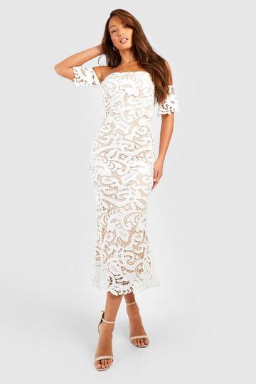 Tall Premium Corded Lace Bardot Midaxi Dress white