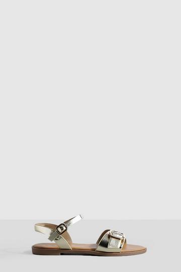 Gold Metallic Metallic Buckle Strap 2 Part Flat Sandals