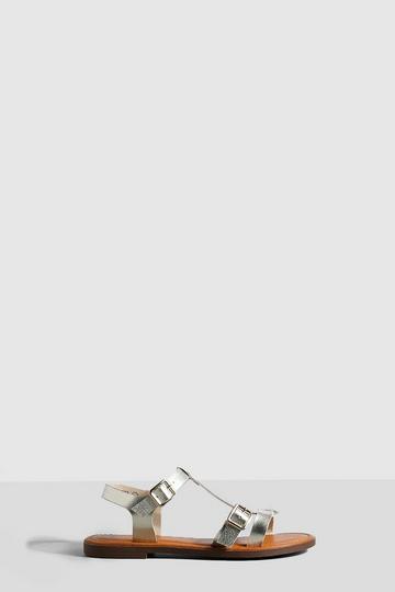 Gold Metallic Metallic Gladiator Buckle Detail Flat Sandals