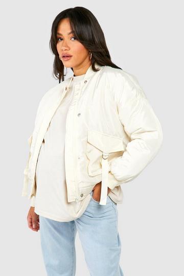 Cream White Maternity Pocket Detail Oversized Bomber Jacket