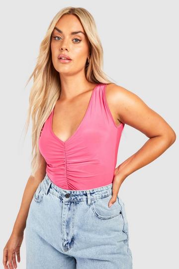 Plus Ruched Front Plunge Bodysuit hot pink
