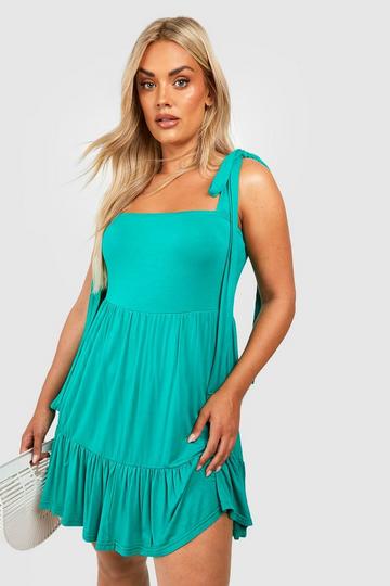 Plus Jersey Knit Tie Strap Tiered Skater Dress bright green