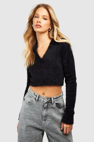Polo Collar Fluffy Knit Sweater black