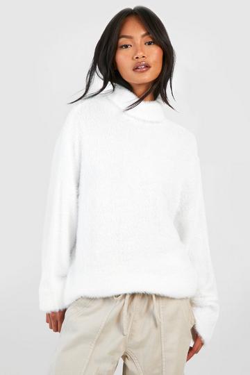 Fluffy Turtleneck Longline Sweater white