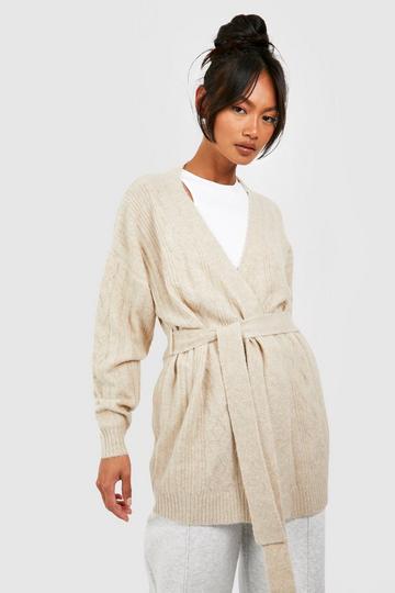 Camel Beige Soft Cable Knit Belted Cardigan