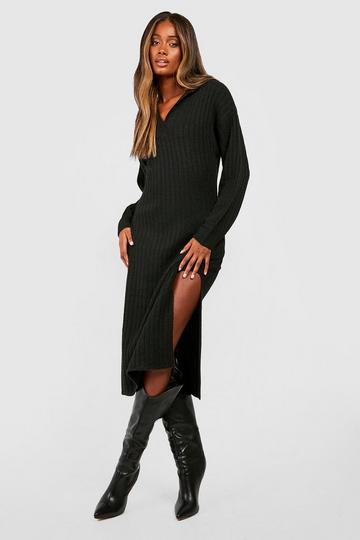 Black Wide Rib Knit Collared Soft Sweater Dress