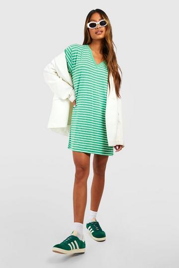 Green Oversized Stripe V Neck T-shirt Dress