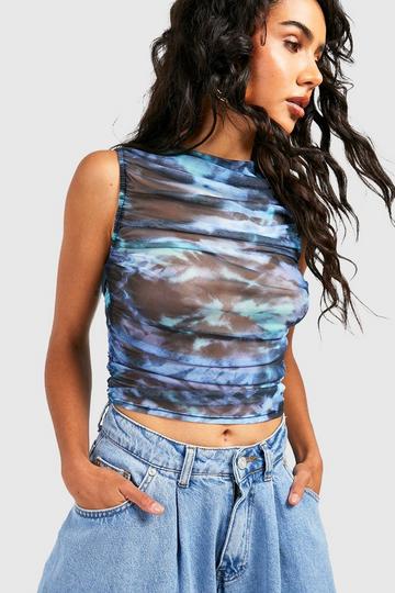 Blue Tie Dye Marble Ruched Sleeveless Tank Top