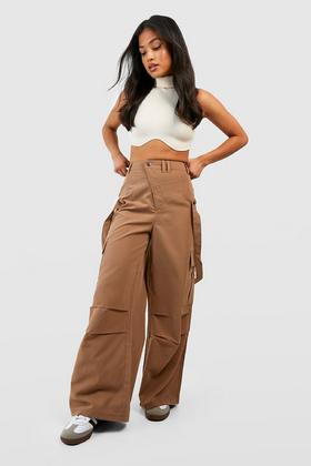 Boohoo Petite Folded Waistband Relaxed Fit Cargo Trousers in White