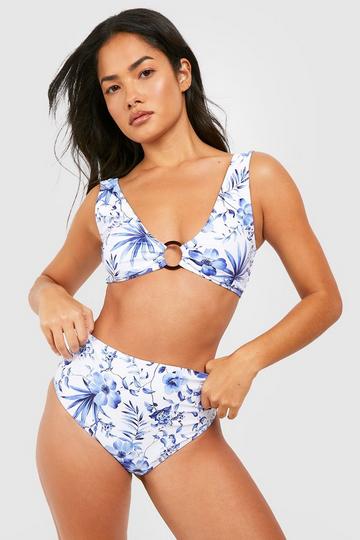 Tummy Control Porcelain Print O-ring Bikini Set blue