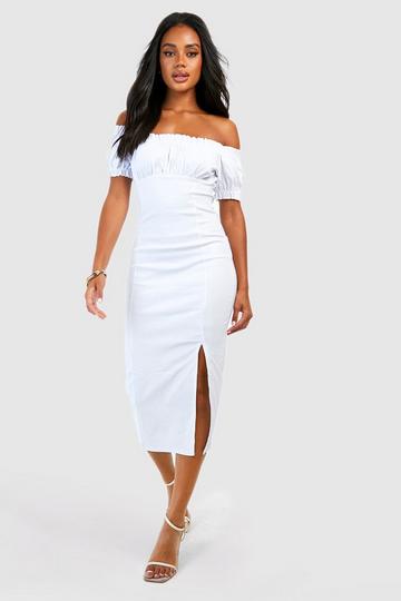 White Bengaline Ruched Bust Midi Dress