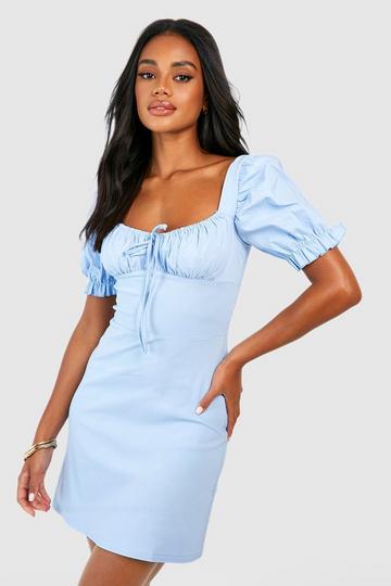 Blue Bengaline Milkmaid Mini Dress