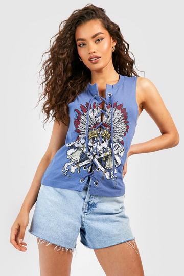 Blue Graphic Printed Lace Up Sleeveless T-shirt