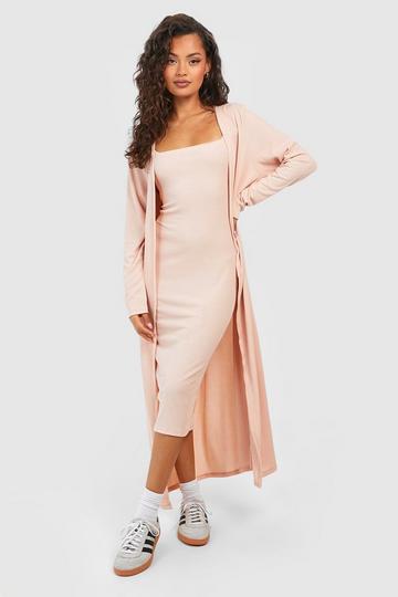 Ribbed Midi Dress And Duster Set nude