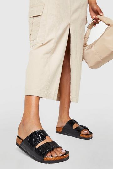 Black Wide Fit Croc Double Buckle Footbed Sliders