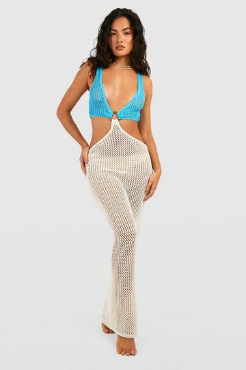 Turquoise Blue Crochet Knit O-ring Beach Maxi Dress