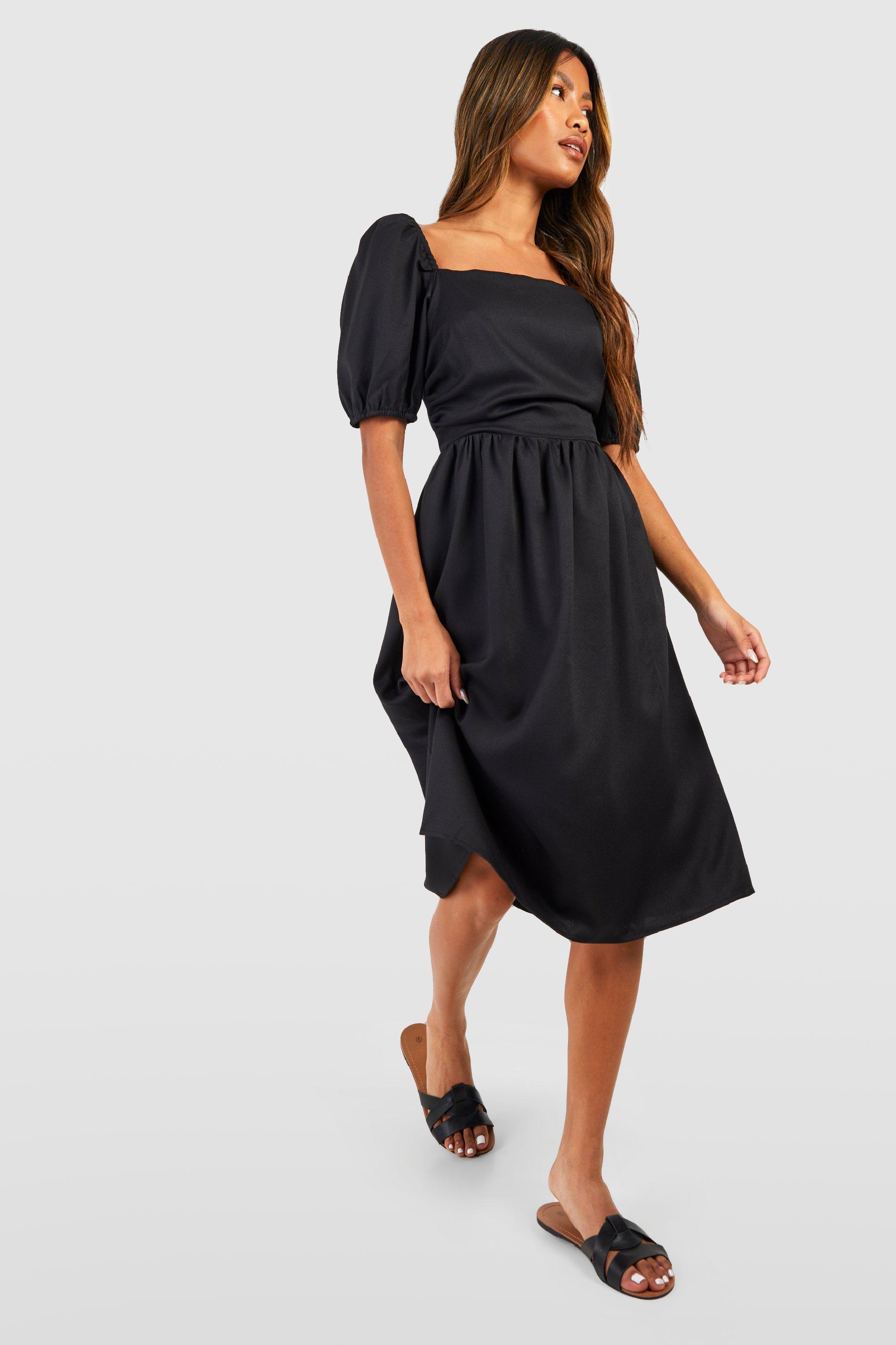 Bardot Square Neck Puff Sleeve Midi Dress With Back Detail in Brown | Lyst  UK