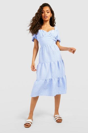 Check Puff Sleeve Tiered Midi Skater Dress blue