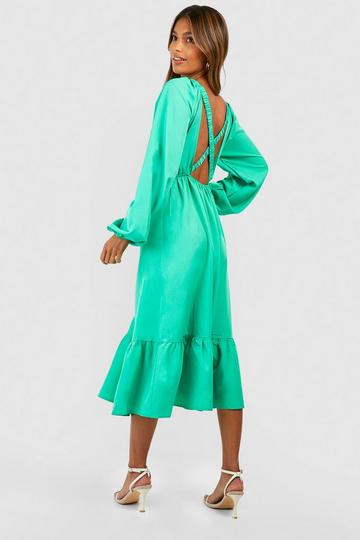 Green Blouson Sleeve Midi Smock Dress