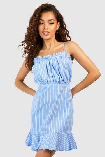 Stripe Cotton Ruffle Hem Skater Dress blue