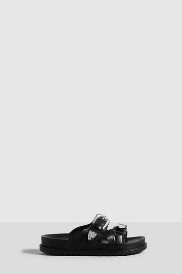 Black Double Strap Western Detail Sliders