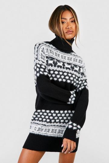 Black Fluffy Knit Turtleneck Fairisle Christmas Sweater Dress