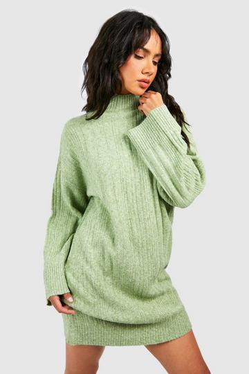 Green Soft Mixed Rib Knit Sweater Dress