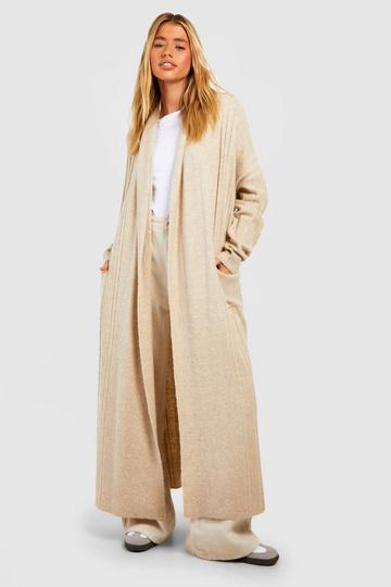 Camel Beige Soft Knit Mixed Rib Belted Maxi Cardigan
