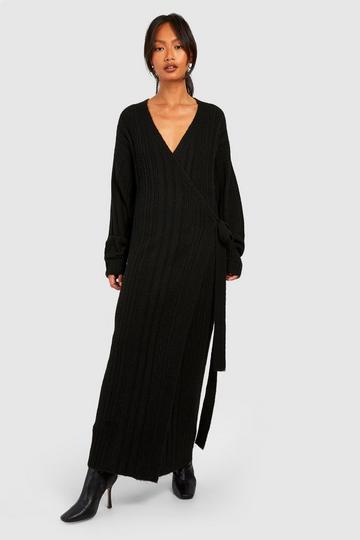 Black Soft Mixed Rib Knit Belted Maxi Jumper Dress