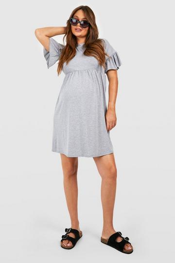 Grey Maternity Frill Sleeve Smock Mini Dress