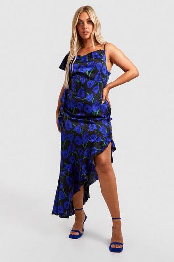 Plus Satin Ruffle Floral Maxi Dress black