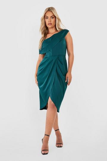Plus Satin Corset Shoulder Wrap Midi Dress emerald