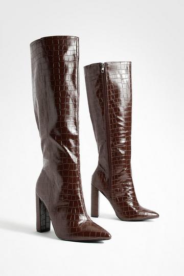 Wide Fit Pointed Toe Croc Knee match Boot chocolate