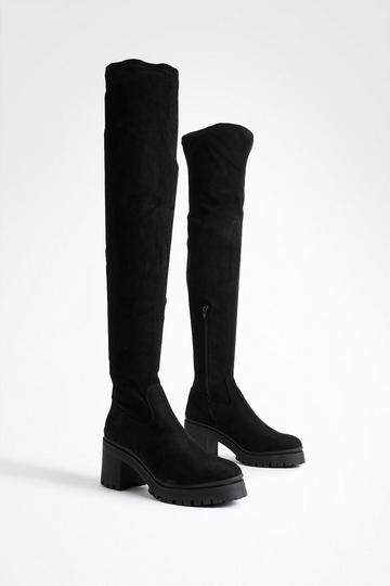 Thigh High Chunky Heeled Boots black