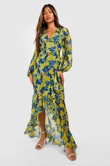 Yellow Floral Chiffon Frill Detail Maxi Dress