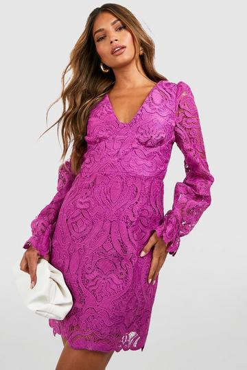 Premium Lace Blouson Sleeve Mini Dress purple