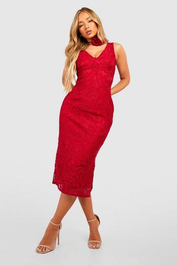 Premium Lace Plunge Midi Dress berry