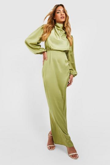 Olive Green Satin Cowl Neck Split Maxi Dress