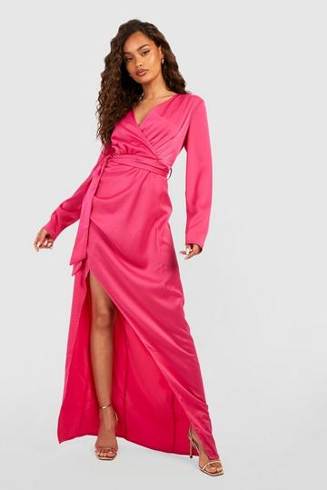 Pink Satin Long Sleeve Wrap Front Maxi Dress