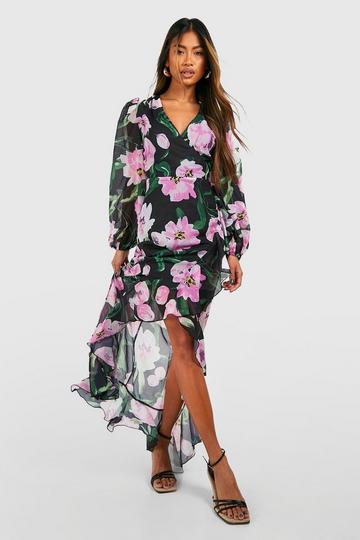 Floral Chiffon Frill Detail Maxi Dress black