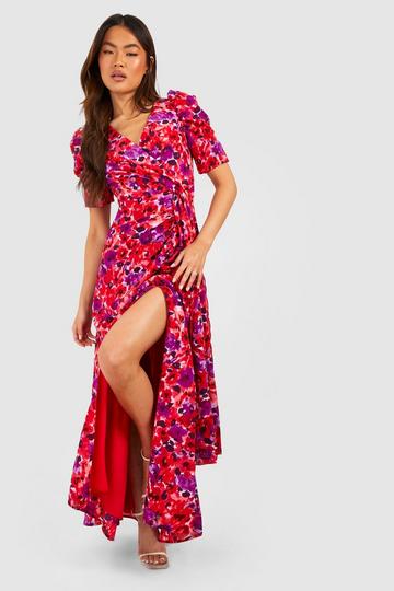 Floral Print Wrap Maxi Dress red