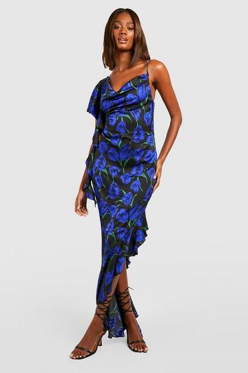 Satin Ruffle Floral Maxi Dress black