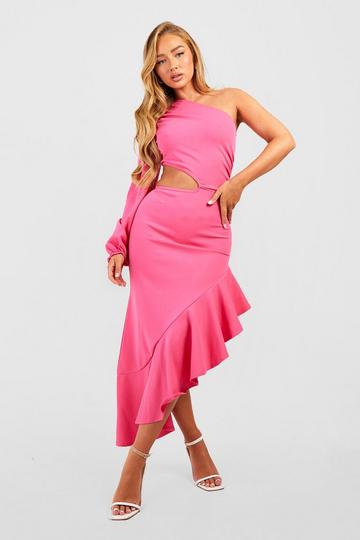 Puff Sleeve One Shoulder Cut Out Ruffle Maxi Dress hot pink