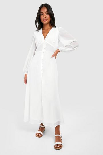 Ivory White Puff Sleeve Button Through Midi Dress