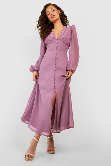 Mauve Purple Puff Sleeve Button Through Midi Dress